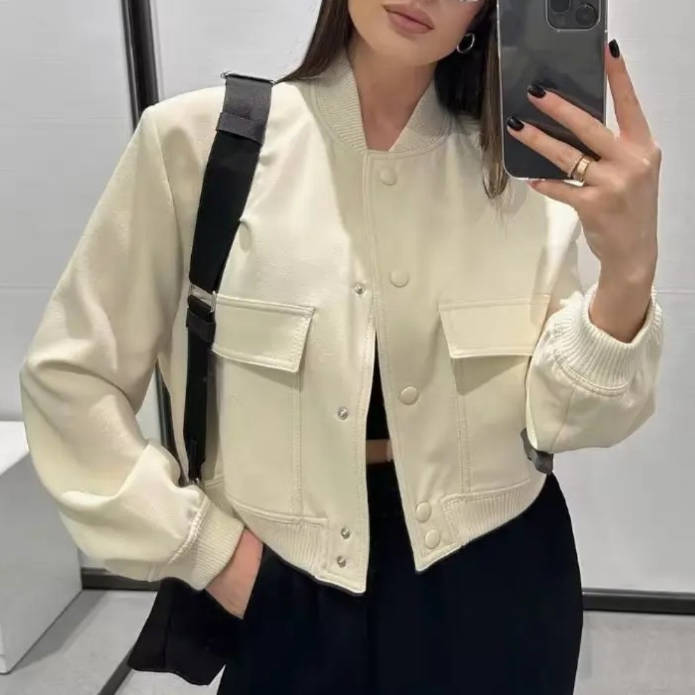 Vintage Crop bomberjackor med fickor för kvinnor