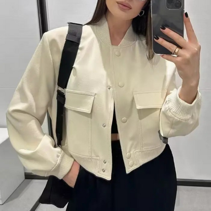Vintage Crop bomberjackor med fickor för kvinnor