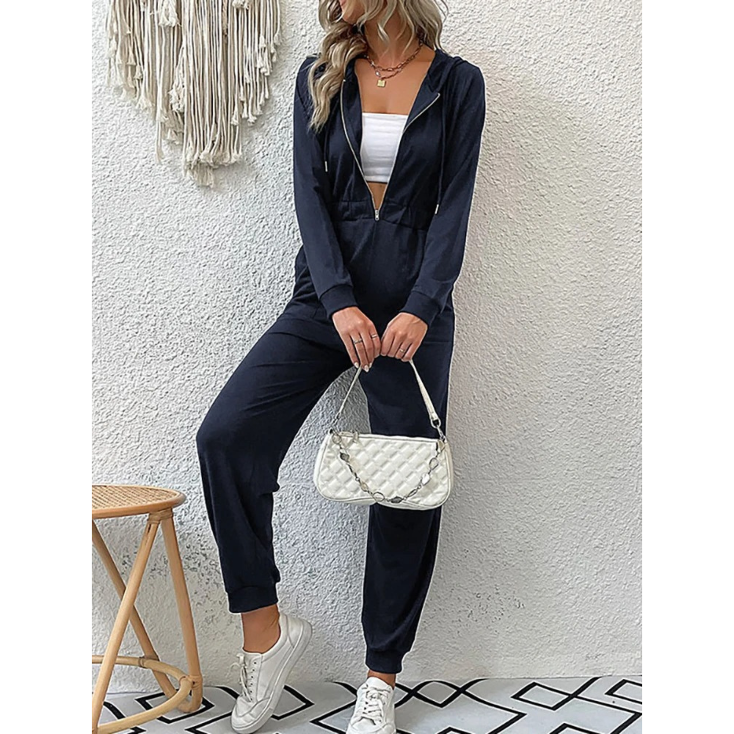 Casual långärmad zip-up jumpsuit med huva för kvinnor