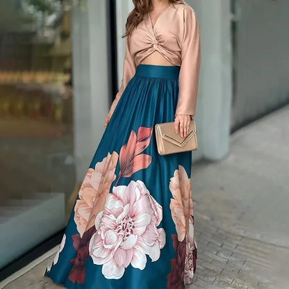 Snyggt set med långärmad croptop och blommig kjol för kvinnor
