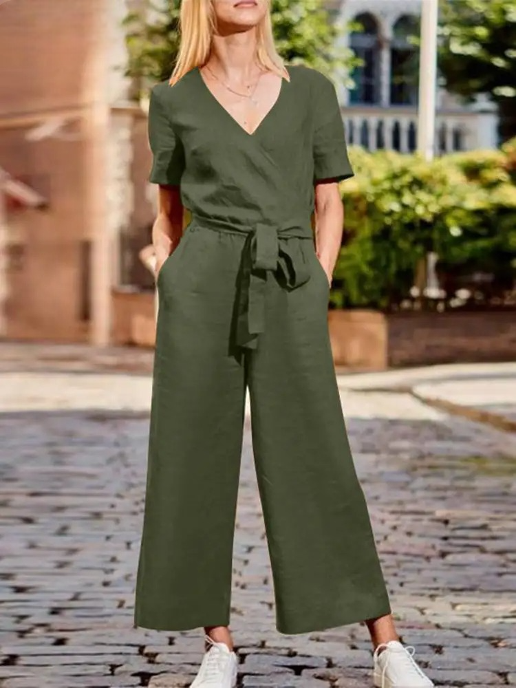 Avslappnad lös V-ringad jumpsuit med vida ben för kvinnor