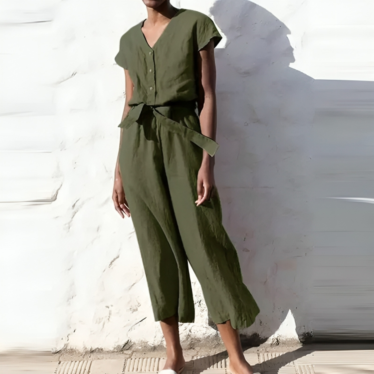 Casual V-ringad kortärmad jumpsuit med raka ben för kvinnor