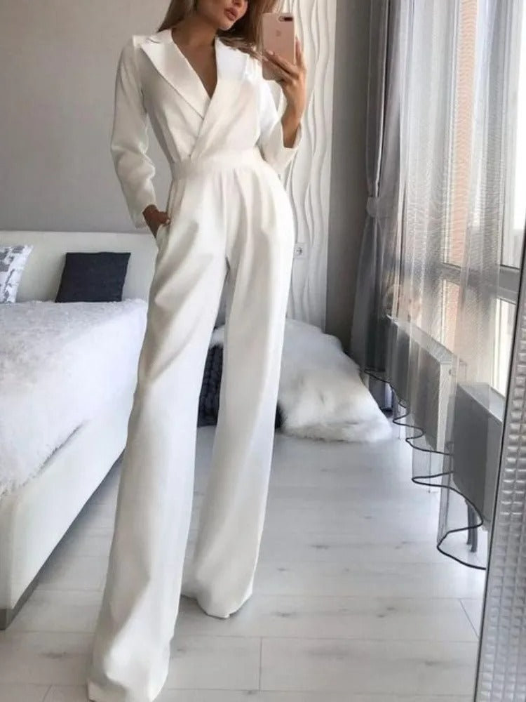 V-ringad byxdress med vida ben elegant för kvinnor