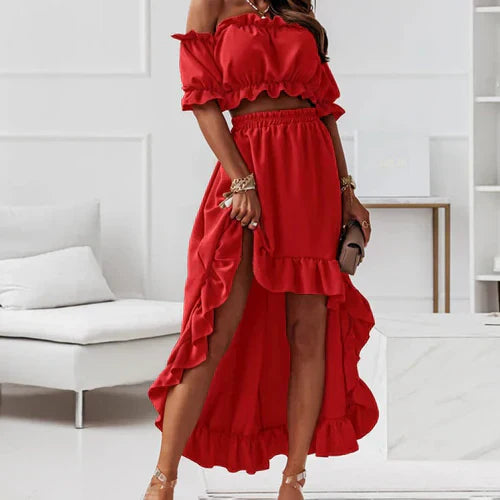 Elegant Off-Shoulder Crop Top och Kjolset med Volanger för Kvinnor