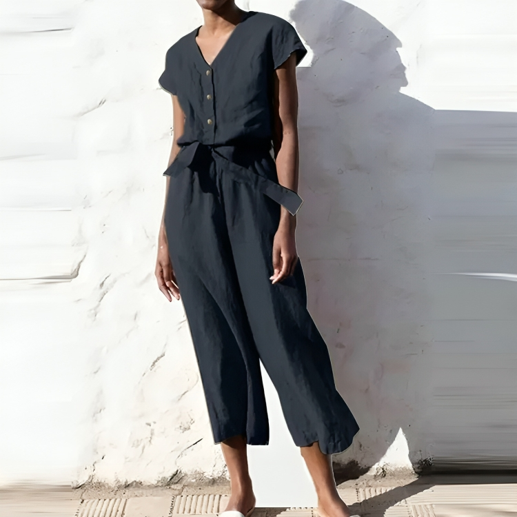 Casual V-ringad kortärmad jumpsuit med raka ben för kvinnor