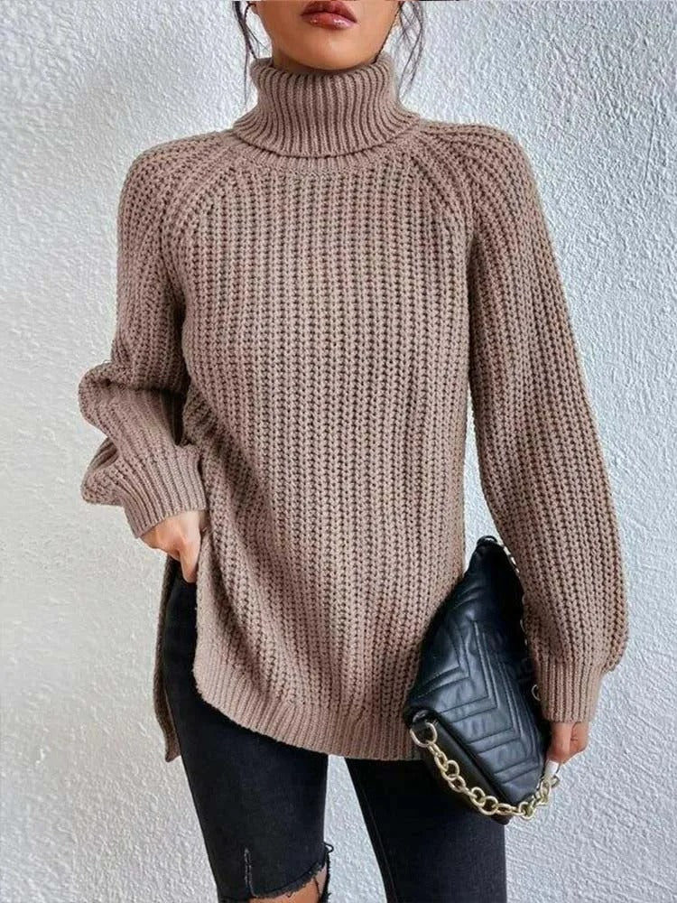 Oversized Stickad Elegant Rullekrage Tröja för kvinnor