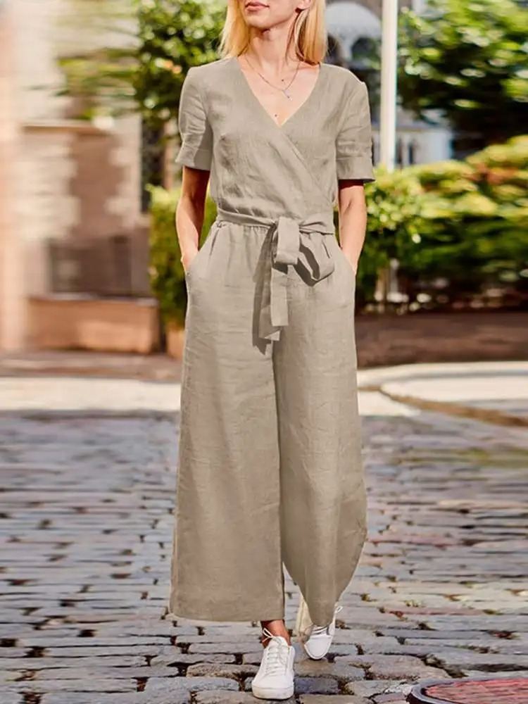 Avslappnad lös V-ringad jumpsuit med vida ben för kvinnor