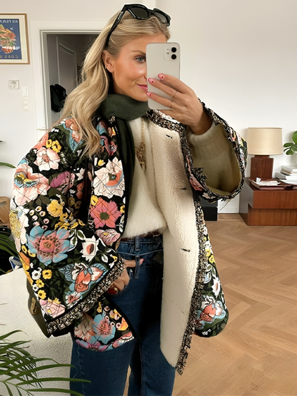 Lös blommönstrad kappad jacka för kvinnor