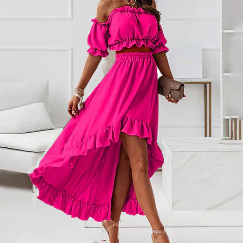 Elegant Off-Shoulder Crop Top och Kjolset med Volanger för Kvinnor