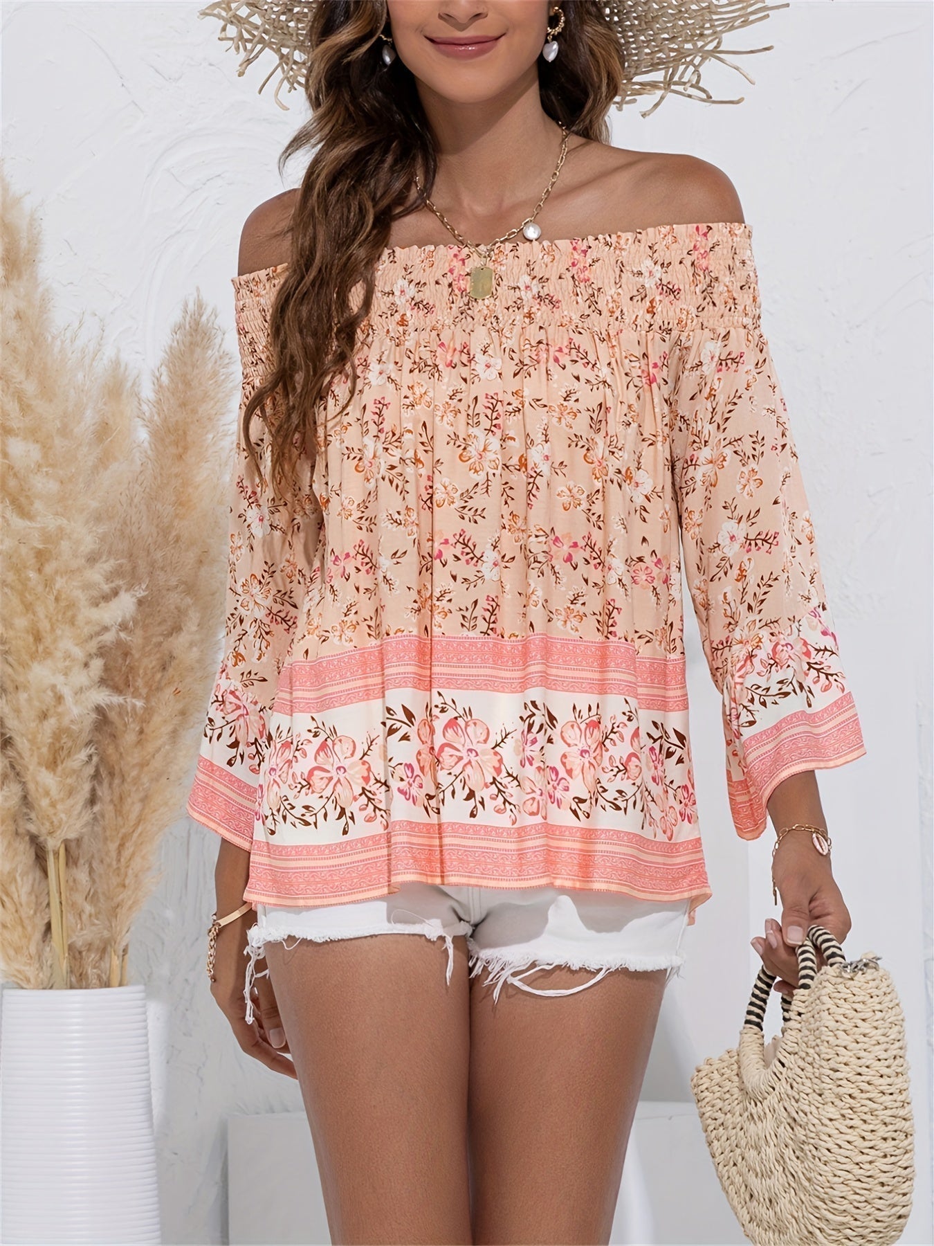 Stilren off-shoulder blus med blommigt mönster för kvinnor
