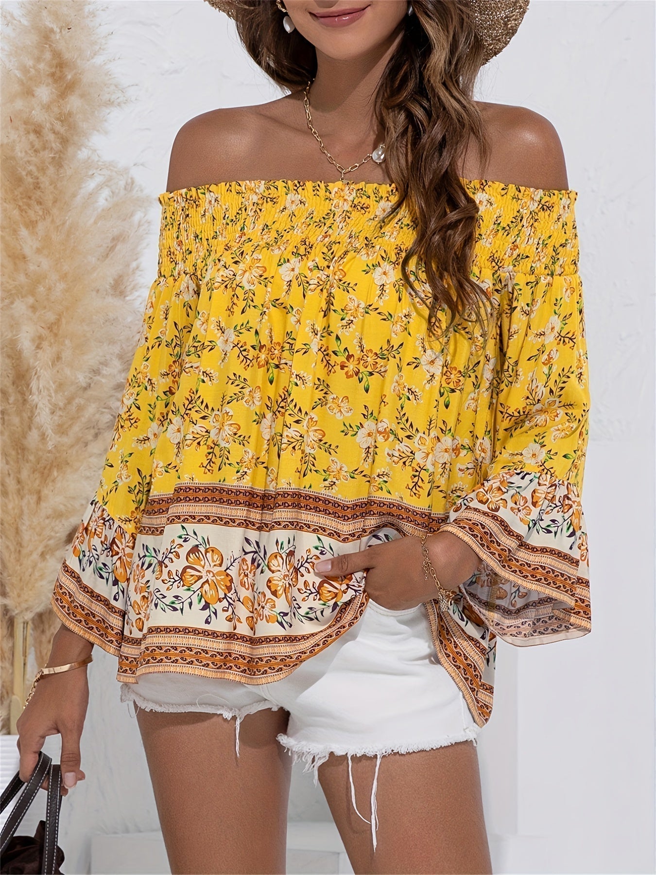 Stilren off-shoulder blus med blommigt mönster för kvinnor