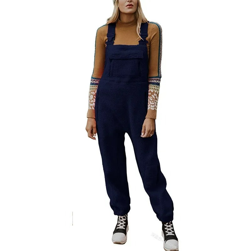Vintage overall fleece med stora fickor för kvinnor