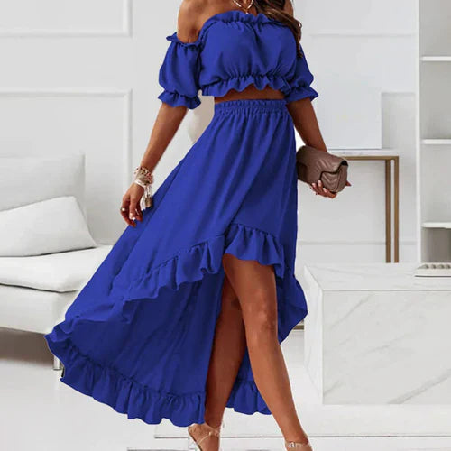 Elegant Off-Shoulder Crop Top och Kjolset med Volanger för Kvinnor
