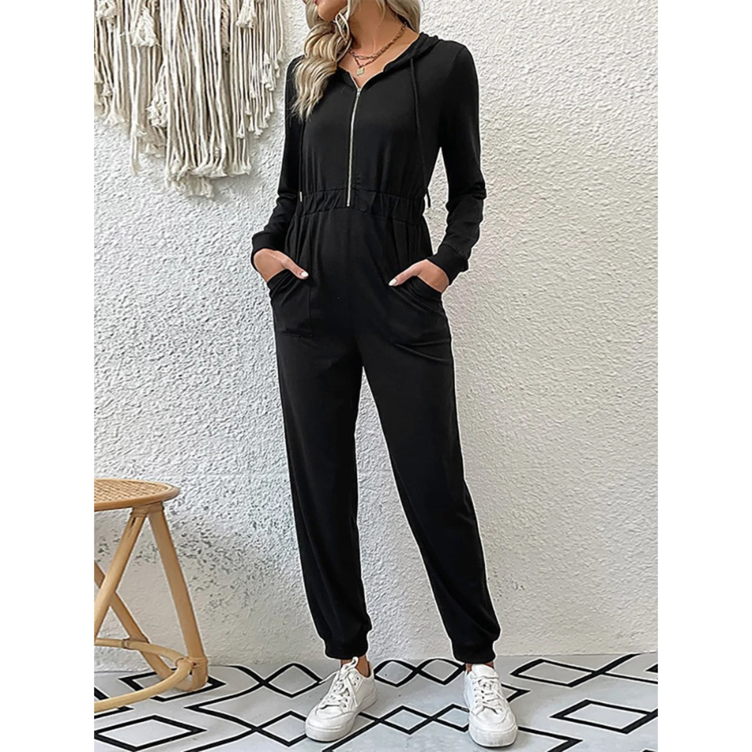 Casual långärmad zip-up jumpsuit med huva för kvinnor
