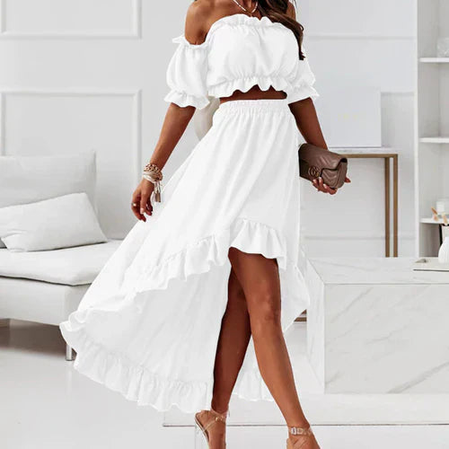 Elegant Off-Shoulder Crop Top och Kjolset med Volanger för Kvinnor
