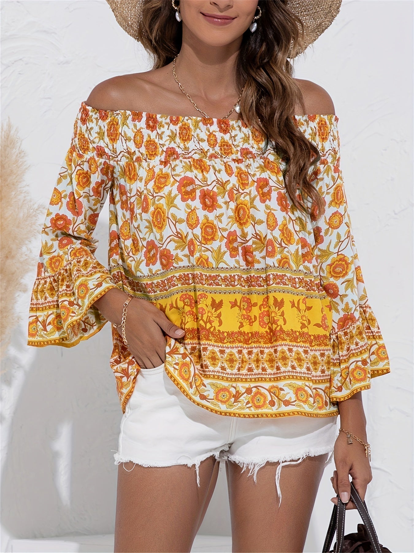 Stilren off-shoulder blus med blommigt mönster för kvinnor