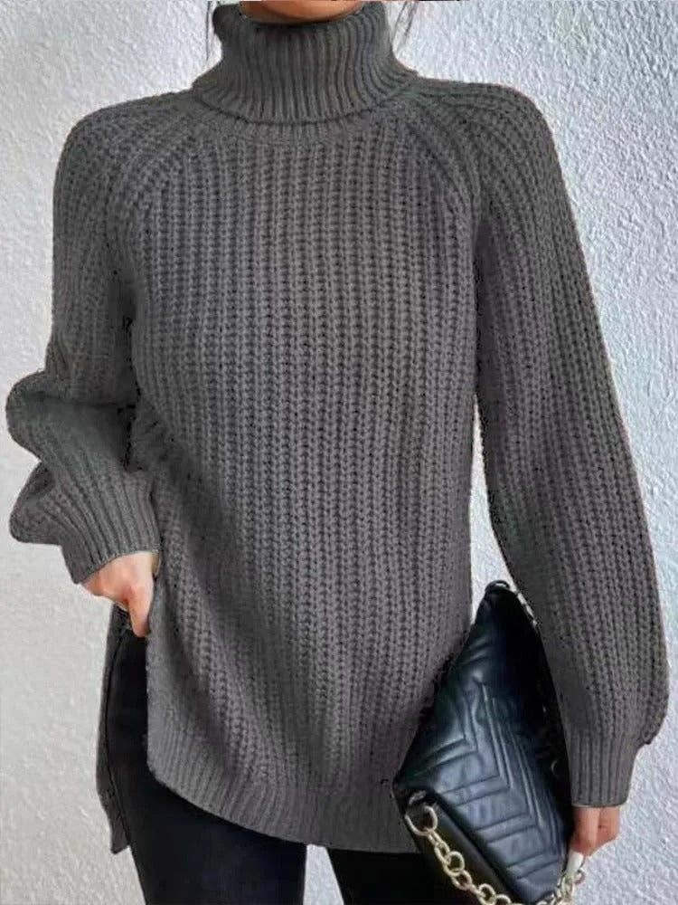 Oversized Stickad Elegant Rullekrage Tröja för kvinnor
