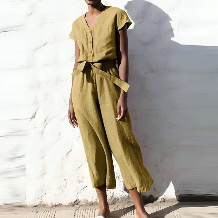 Casual V-ringad kortärmad jumpsuit med raka ben för kvinnor