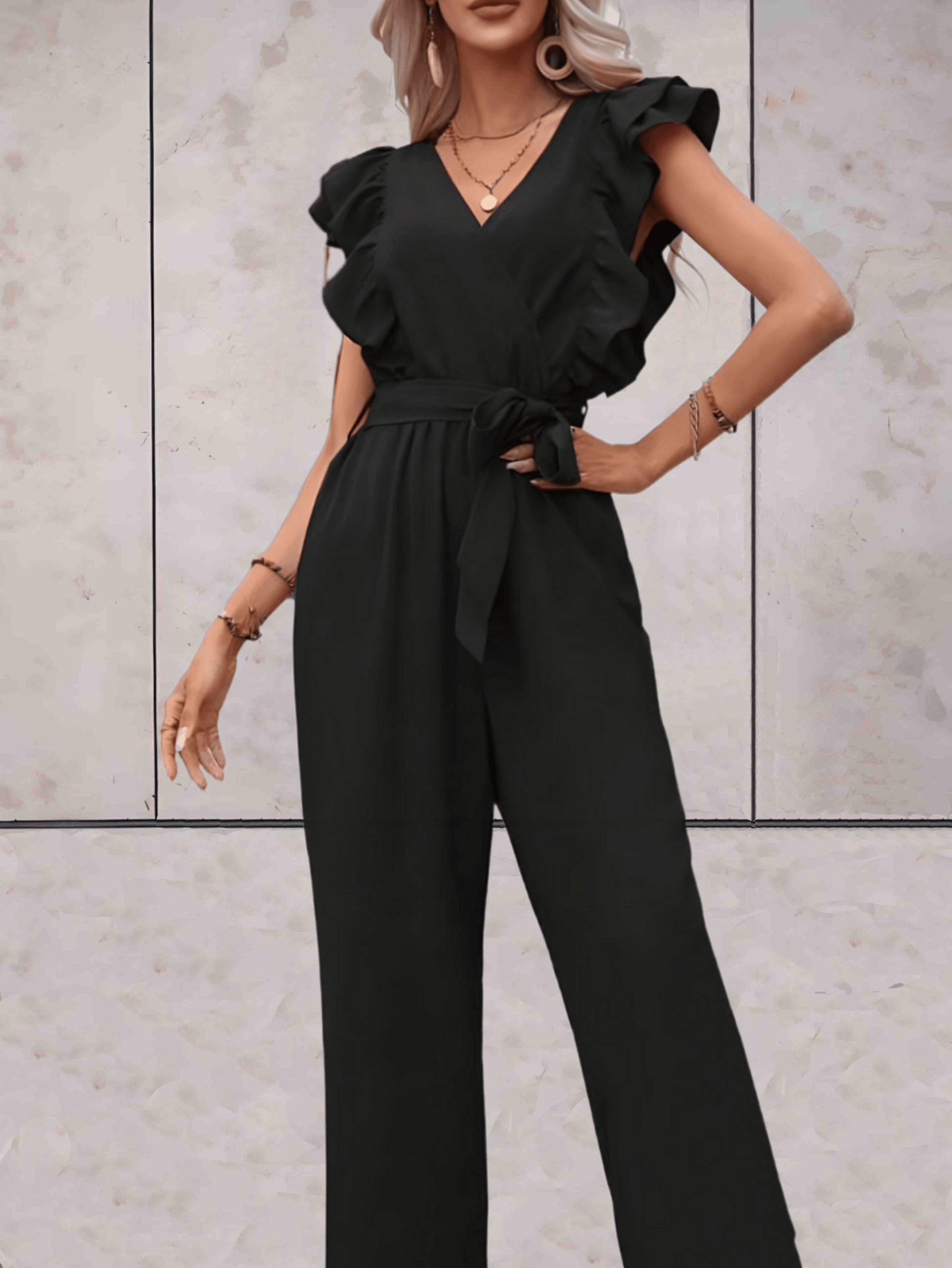 Stilren V-ringad jumpsuit med volanger för kvinnor