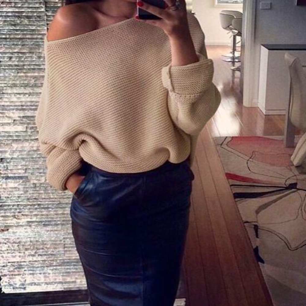 Chic stickad off-shoulder varm tröja för kvinnor