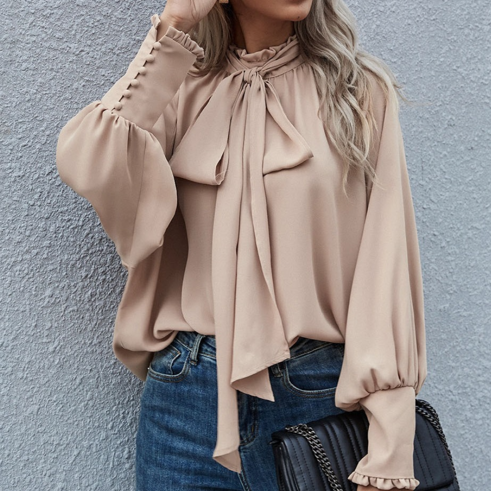 Elegant lös långärmad blus med knytband för kvinnor