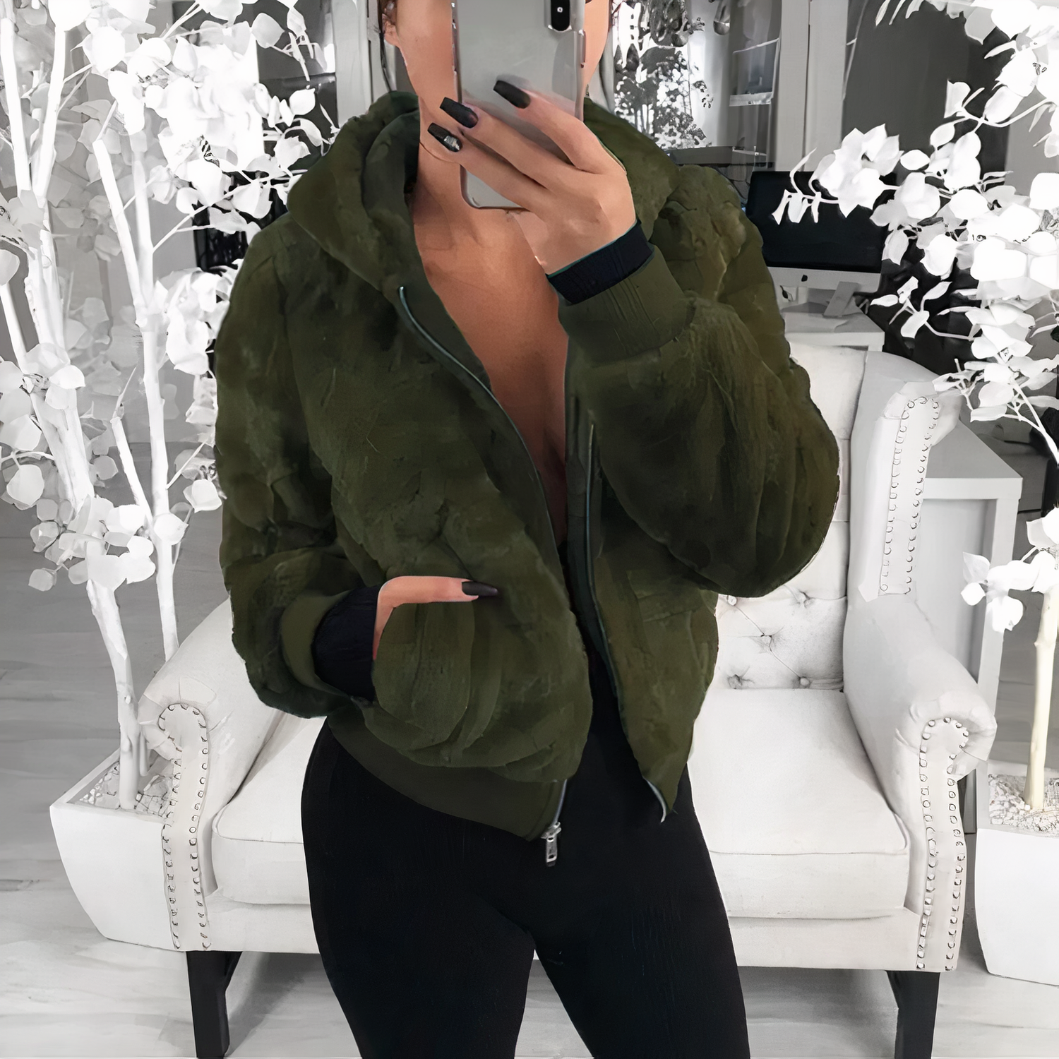 Fluffig fleece vinterjacka med huva för kvinnor