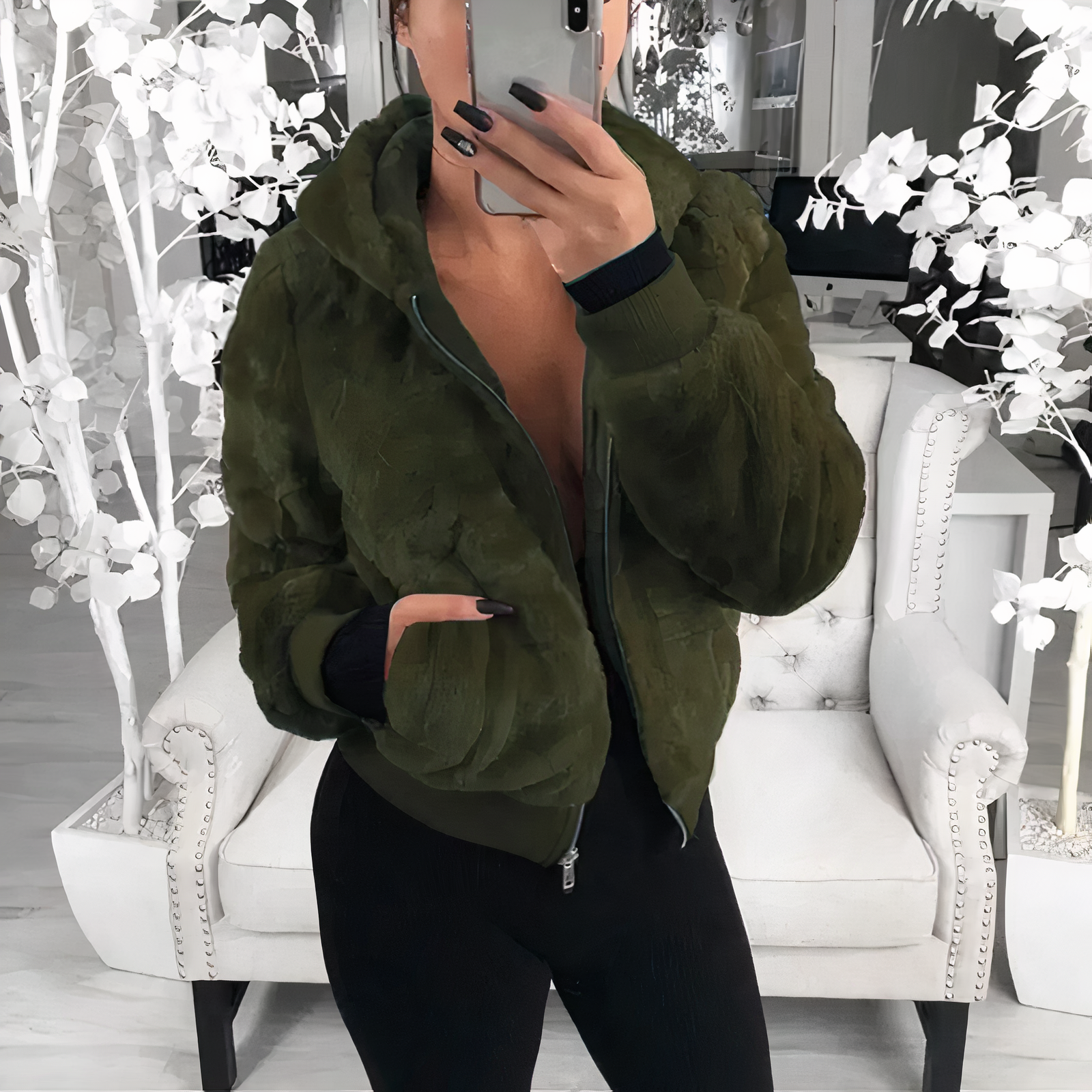 Fluffig fleece vinterjacka med huva för kvinnor