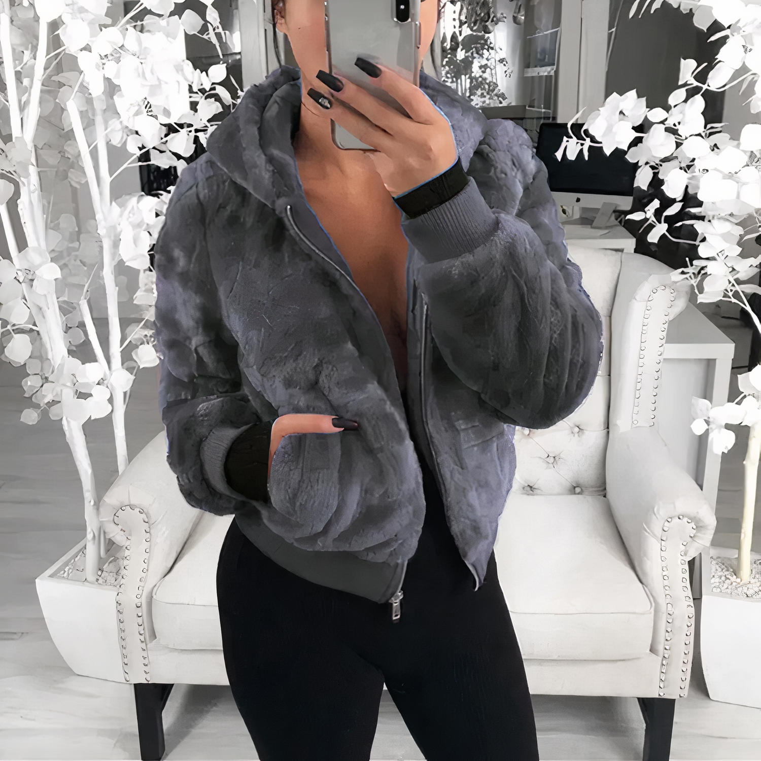 Fluffig fleece vinterjacka med huva för kvinnor