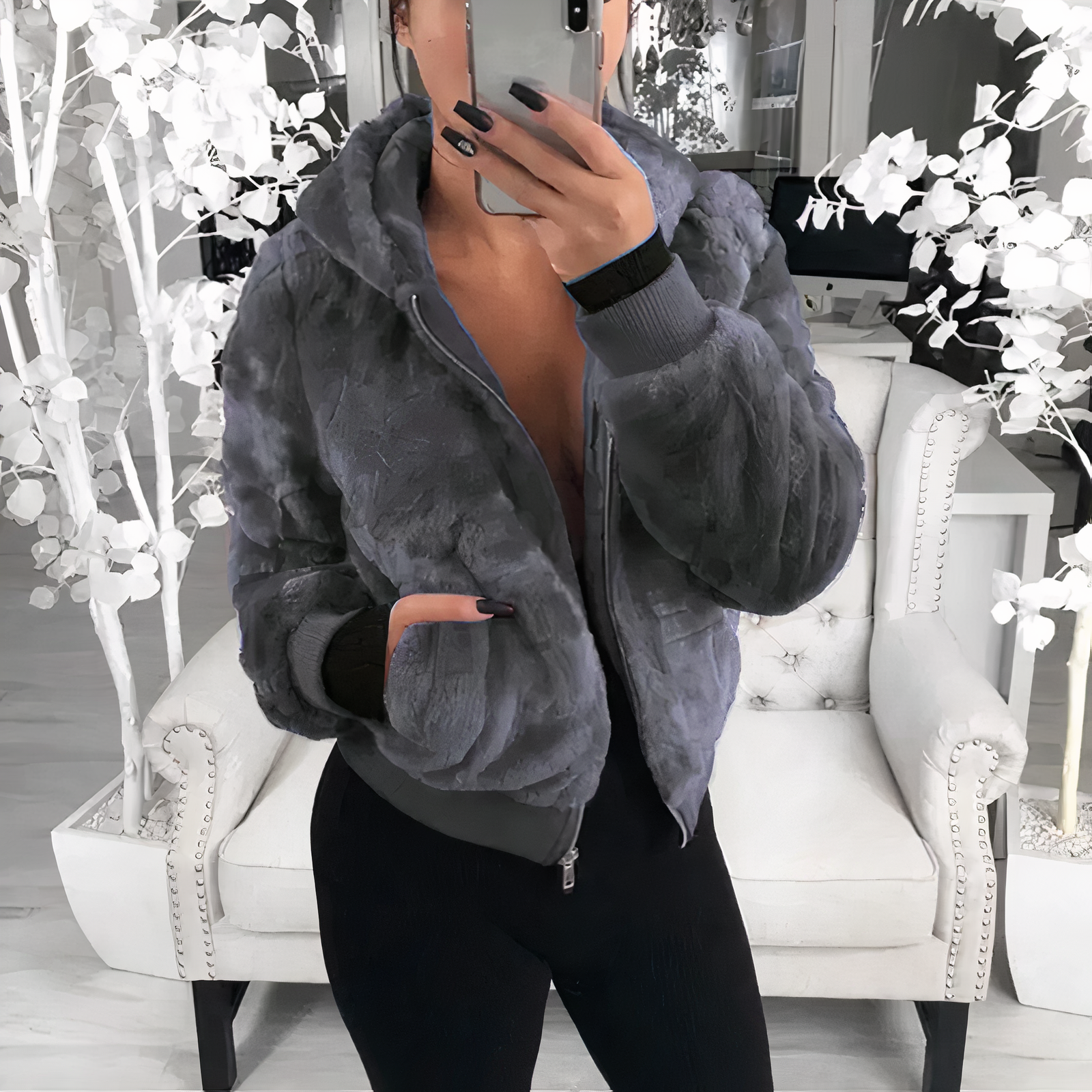 Fluffig fleece vinterjacka med huva för kvinnor