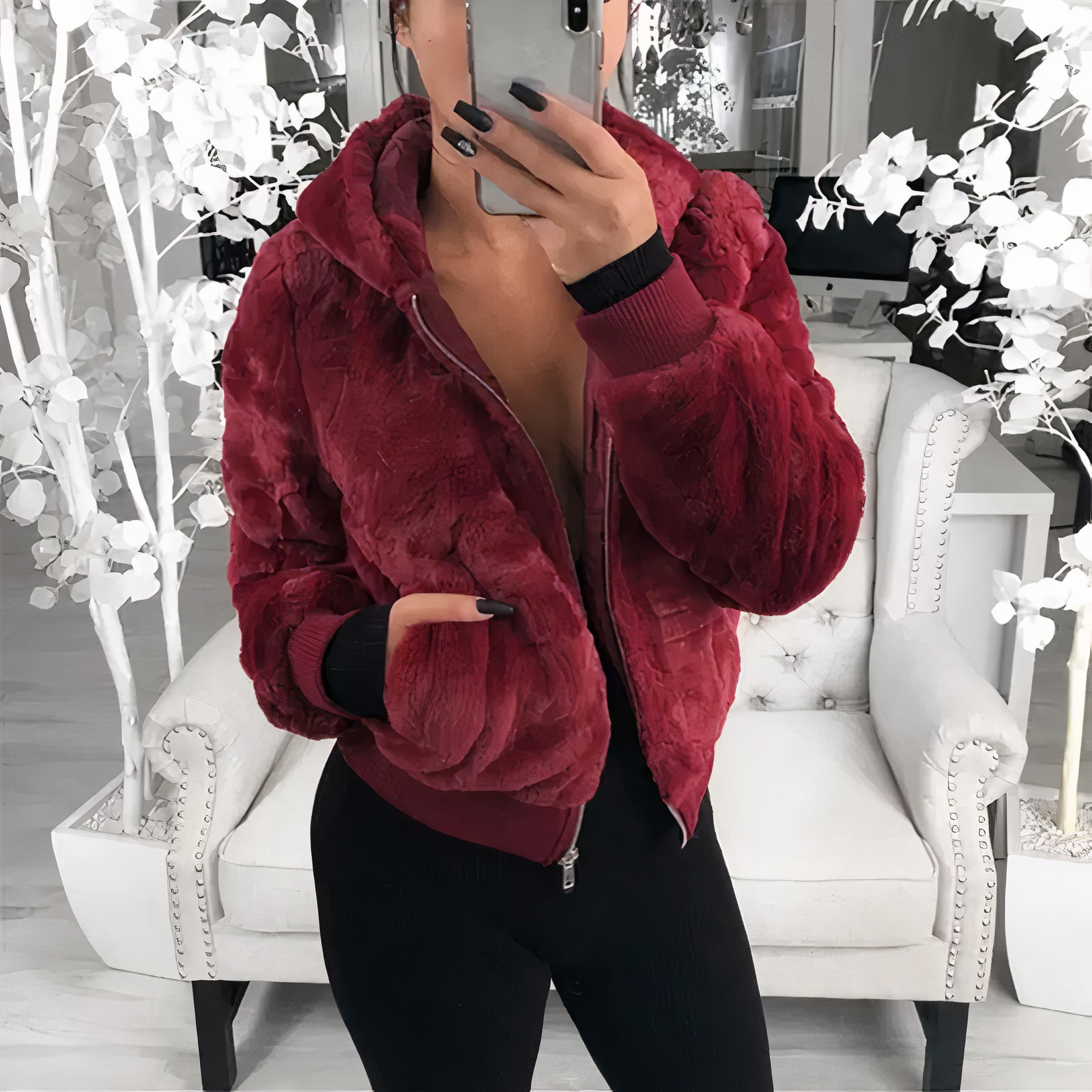Fluffig fleece vinterjacka med huva för kvinnor