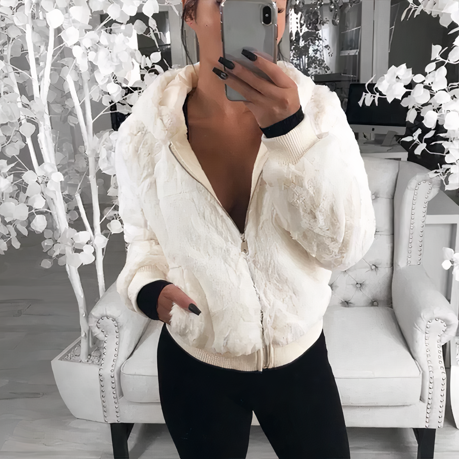 Fluffig fleece vinterjacka med huva för kvinnor