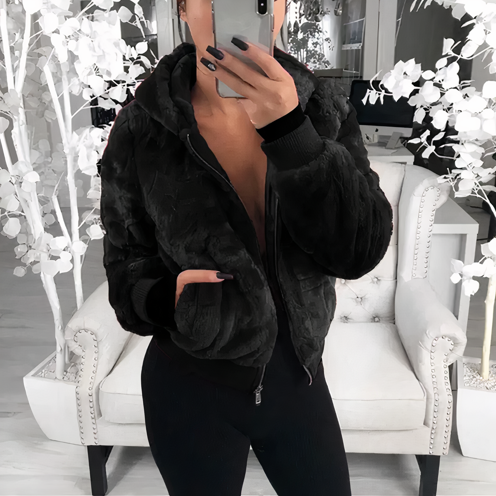 Fluffig fleece vinterjacka med huva för kvinnor