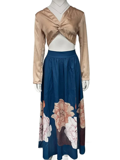 Snyggt set med långärmad croptop och blommig kjol för kvinnor
