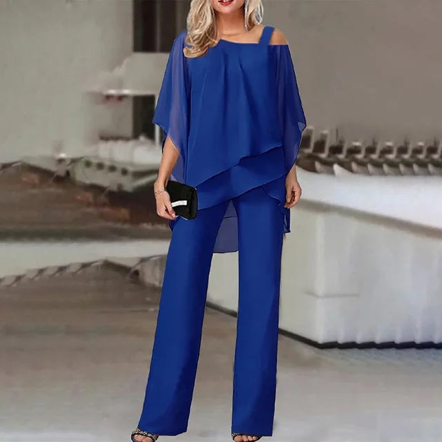 Elegant off-shoulder rynkad blus och raka byxor set för kvinnor