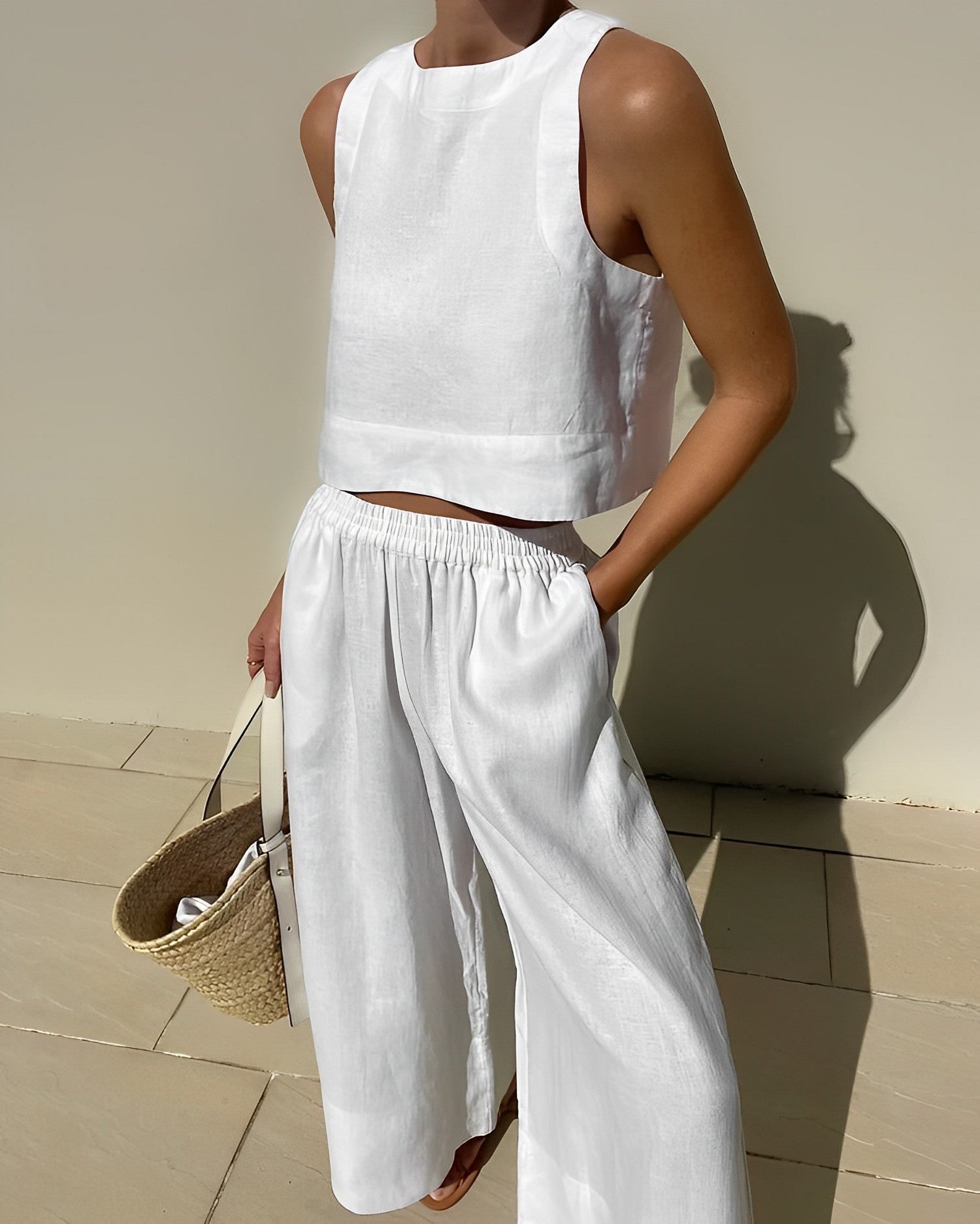 Ärmlös crop top och vida ben byxor set för kvinnor