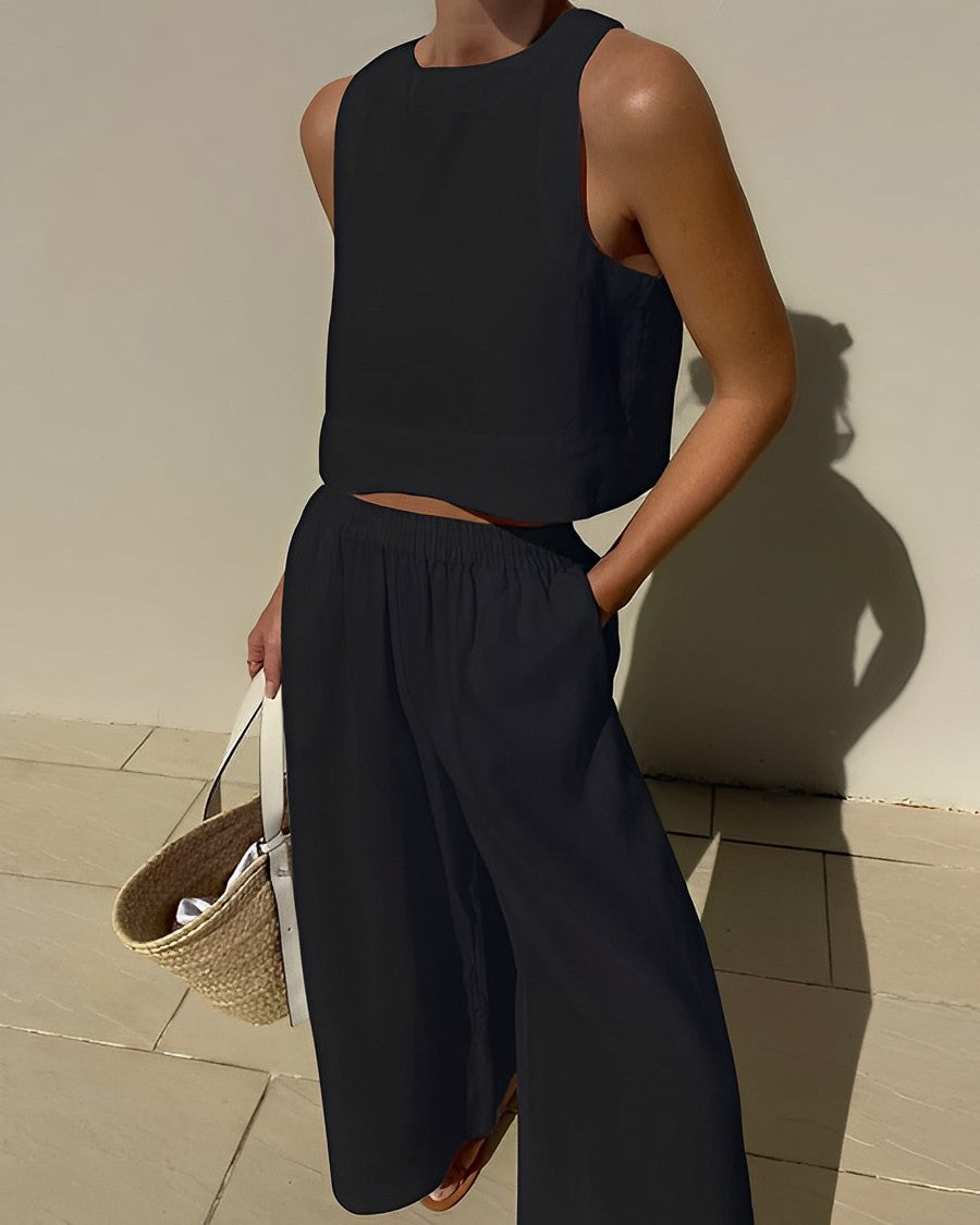 Ärmlös crop top och vida ben byxor set för kvinnor