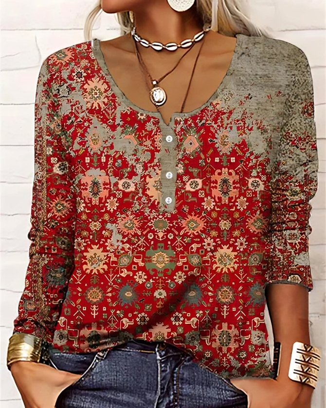 Snygg blus med boho-tryck för kvinnor