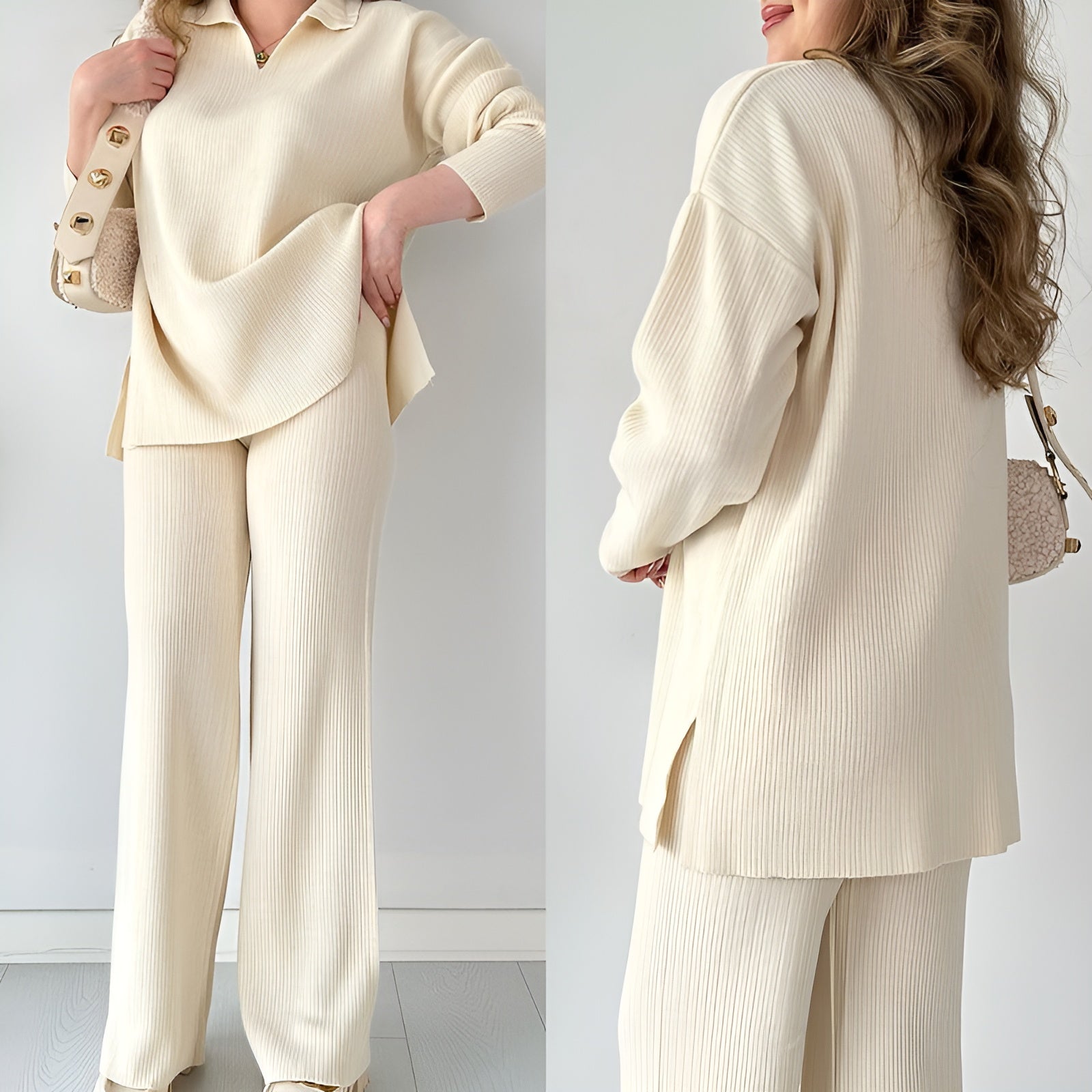 Elegant V-ringad långärmad blus och byxset för kvinnor