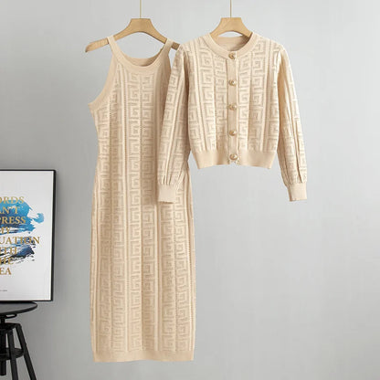 Elegant Stickad Geometrisk Klänning och Cardigan Set för Kvinnor