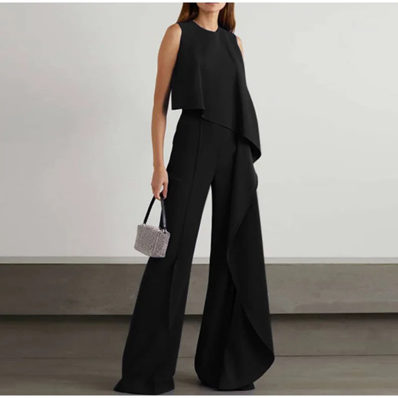 Elegant ärmlös volangbyxdress med vida ben för kvinnor