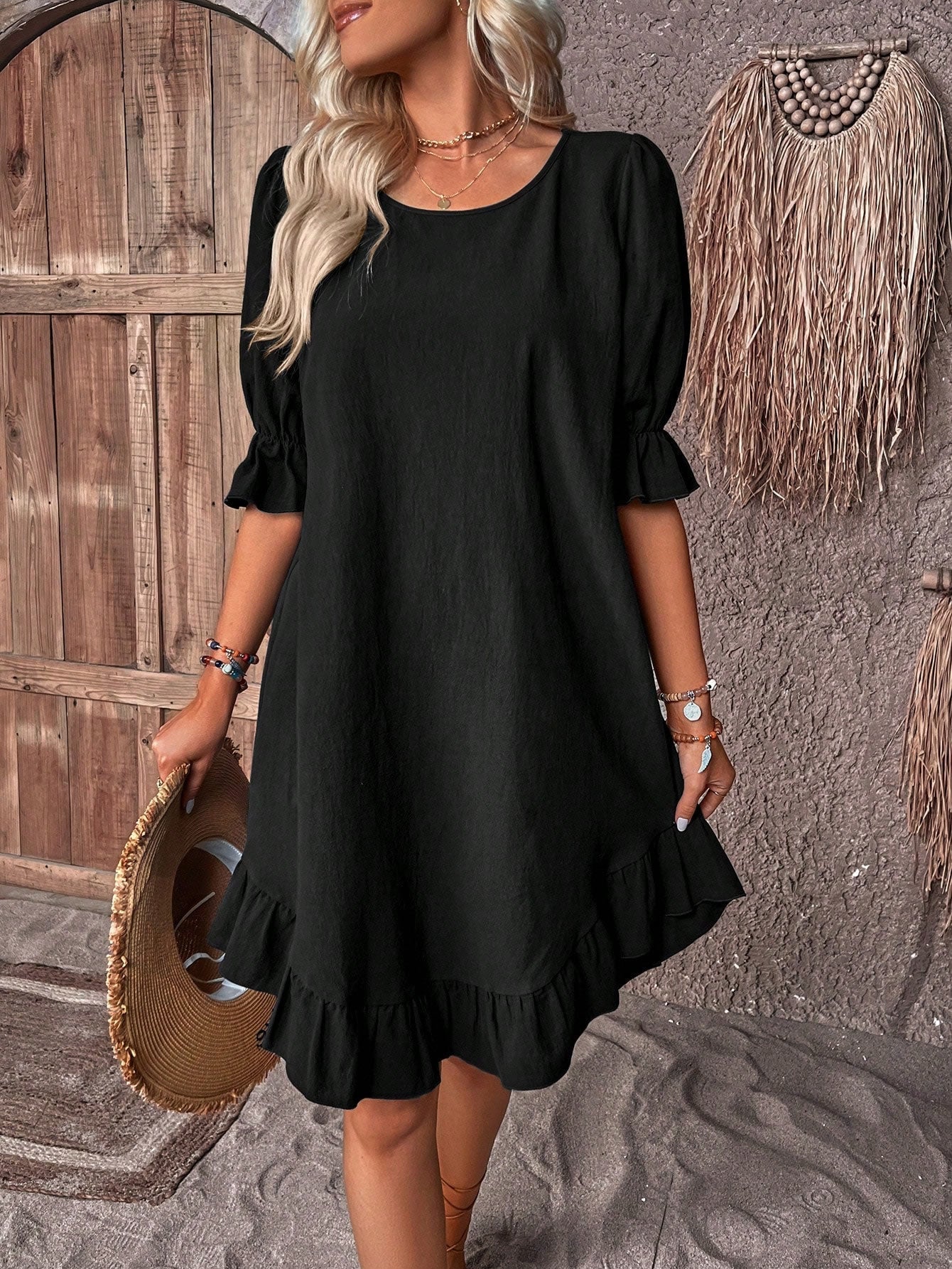 Elegant puffärm midi-klänning