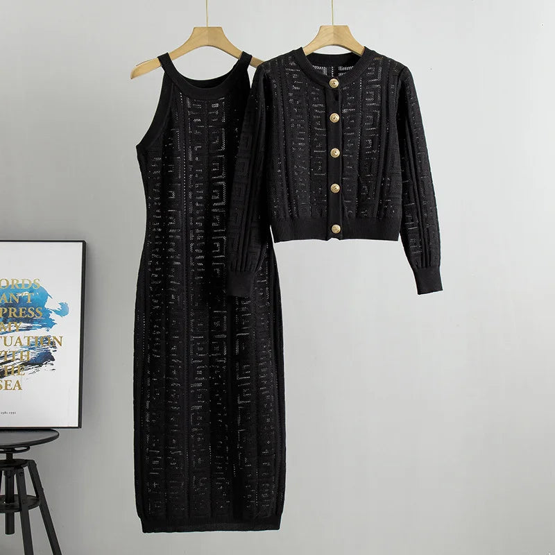 Elegant Stickad Geometrisk Klänning och Cardigan Set för Kvinnor