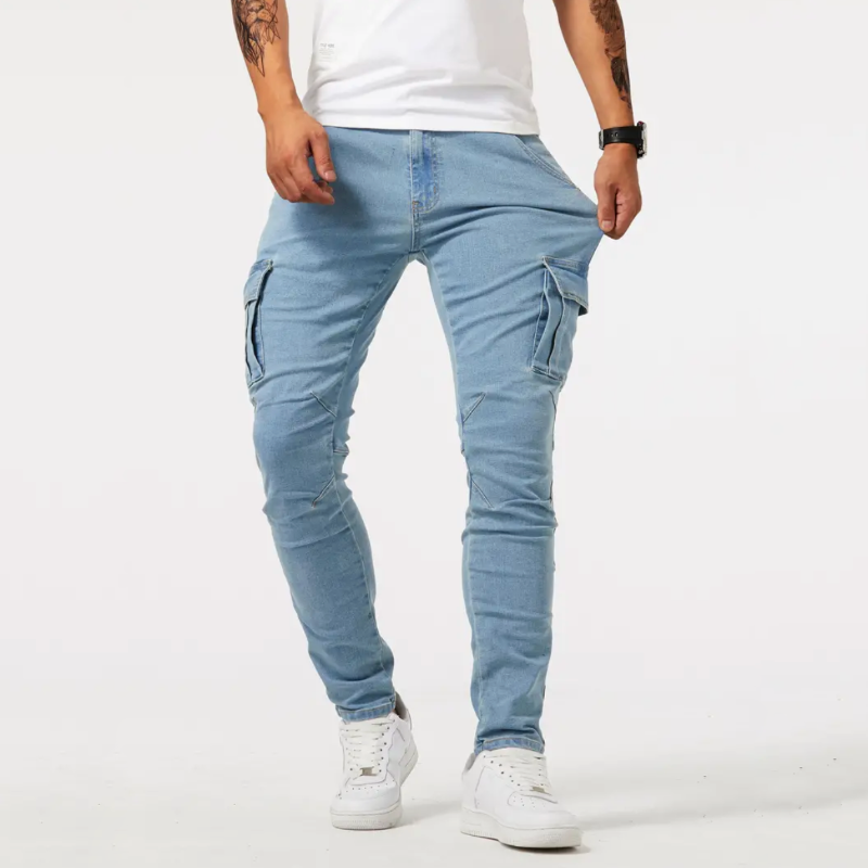 Stretchiga skinny cargobyxor för män
