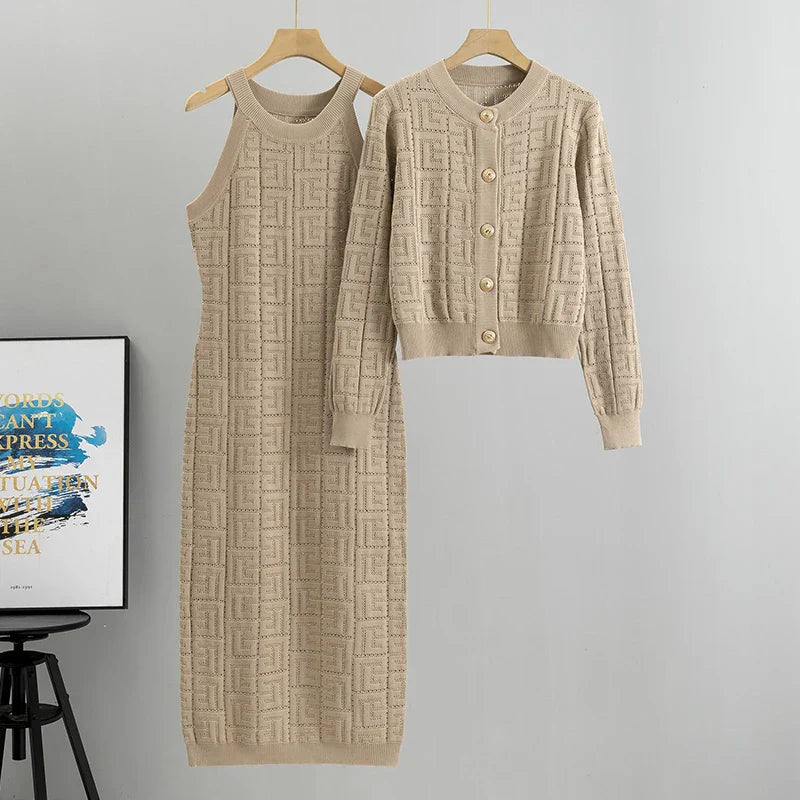 Elegant Stickad Geometrisk Klänning och Cardigan Set för Kvinnor