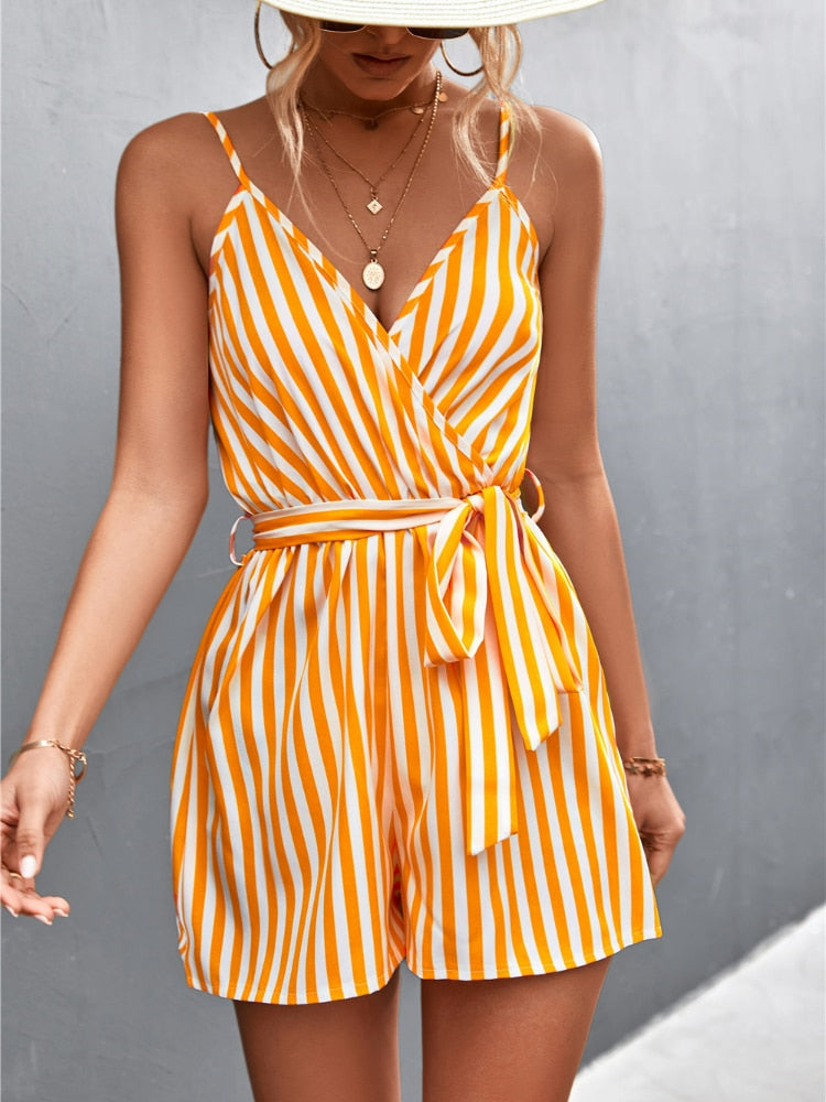 Randig ärmlös V-ringad kort jumpsuit för kvinnor