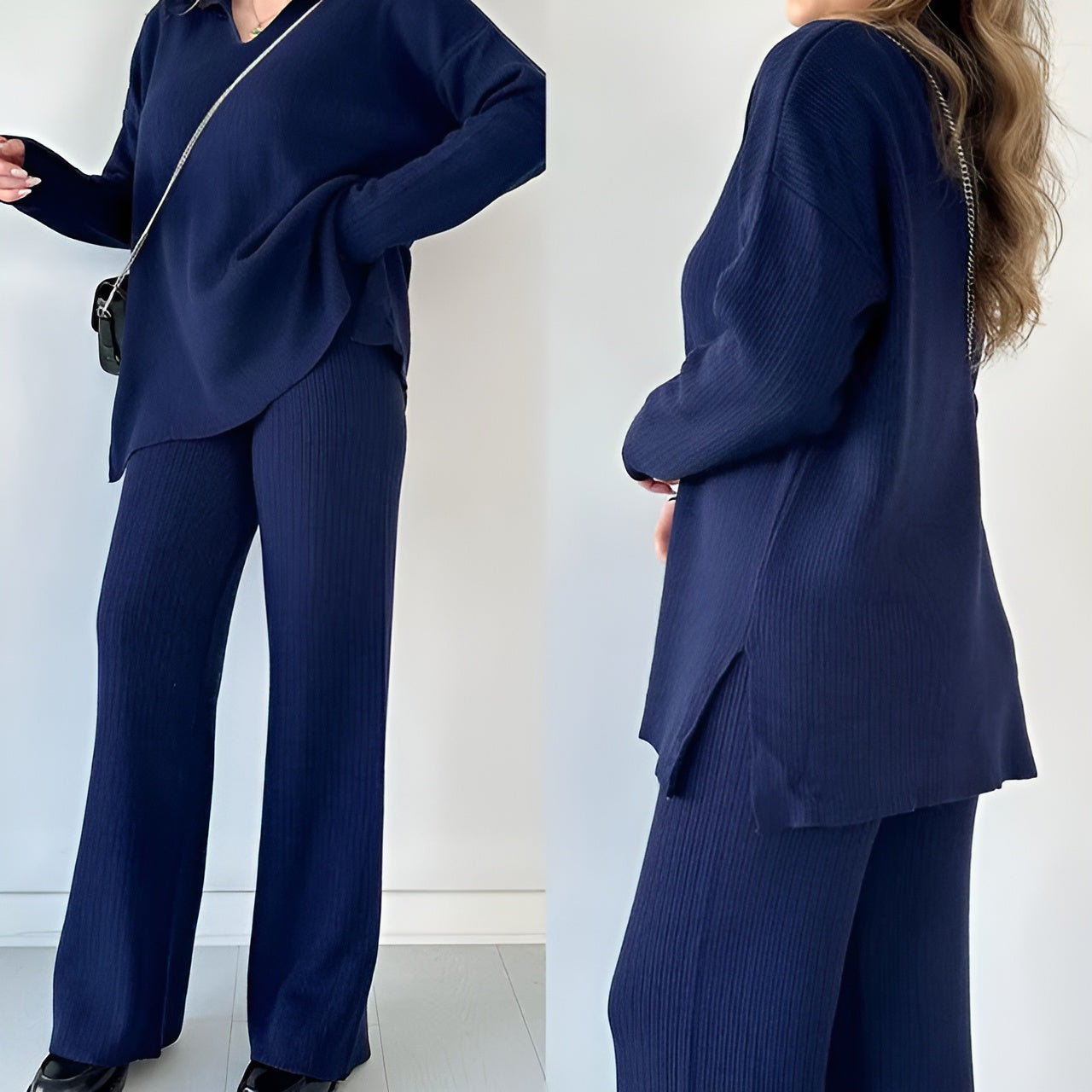Elegant V-ringad långärmad blus och byxset för kvinnor