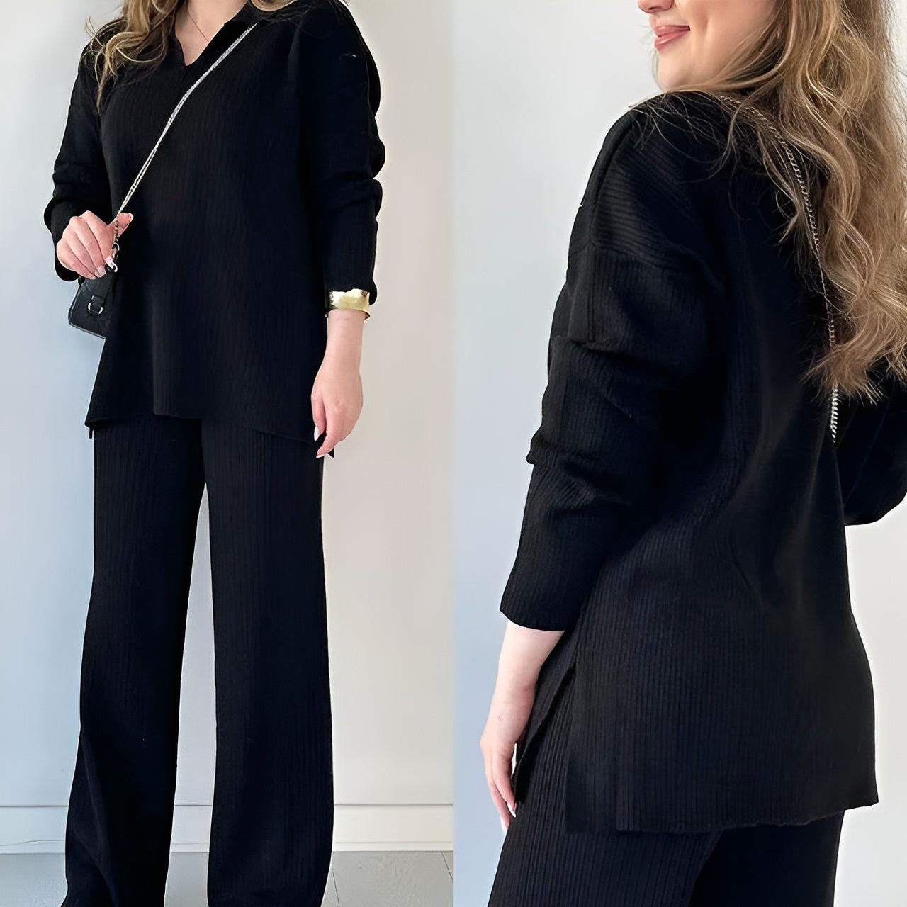Elegant V-ringad långärmad blus och byxset för kvinnor