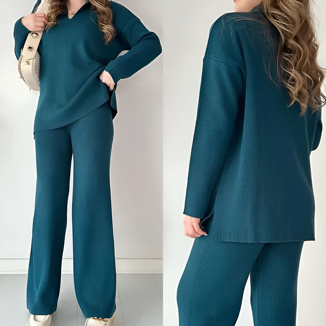 Elegant V-ringad långärmad blus och byxset för kvinnor