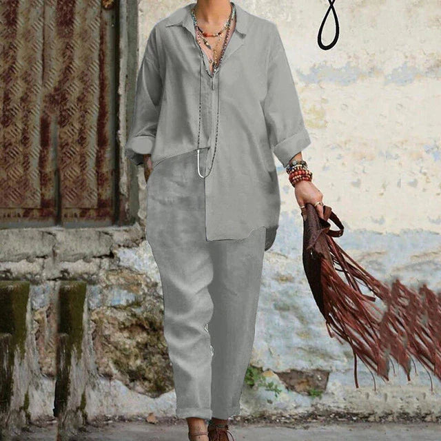 Ledigt Vintageinspirerat Poloset med Blus och Byxor för Kvinnor