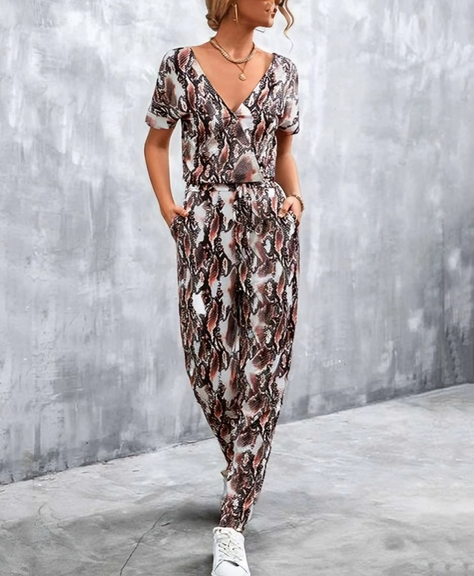 Chic djup V-ringad stilren mönstrad jumpsuit för kvinnor